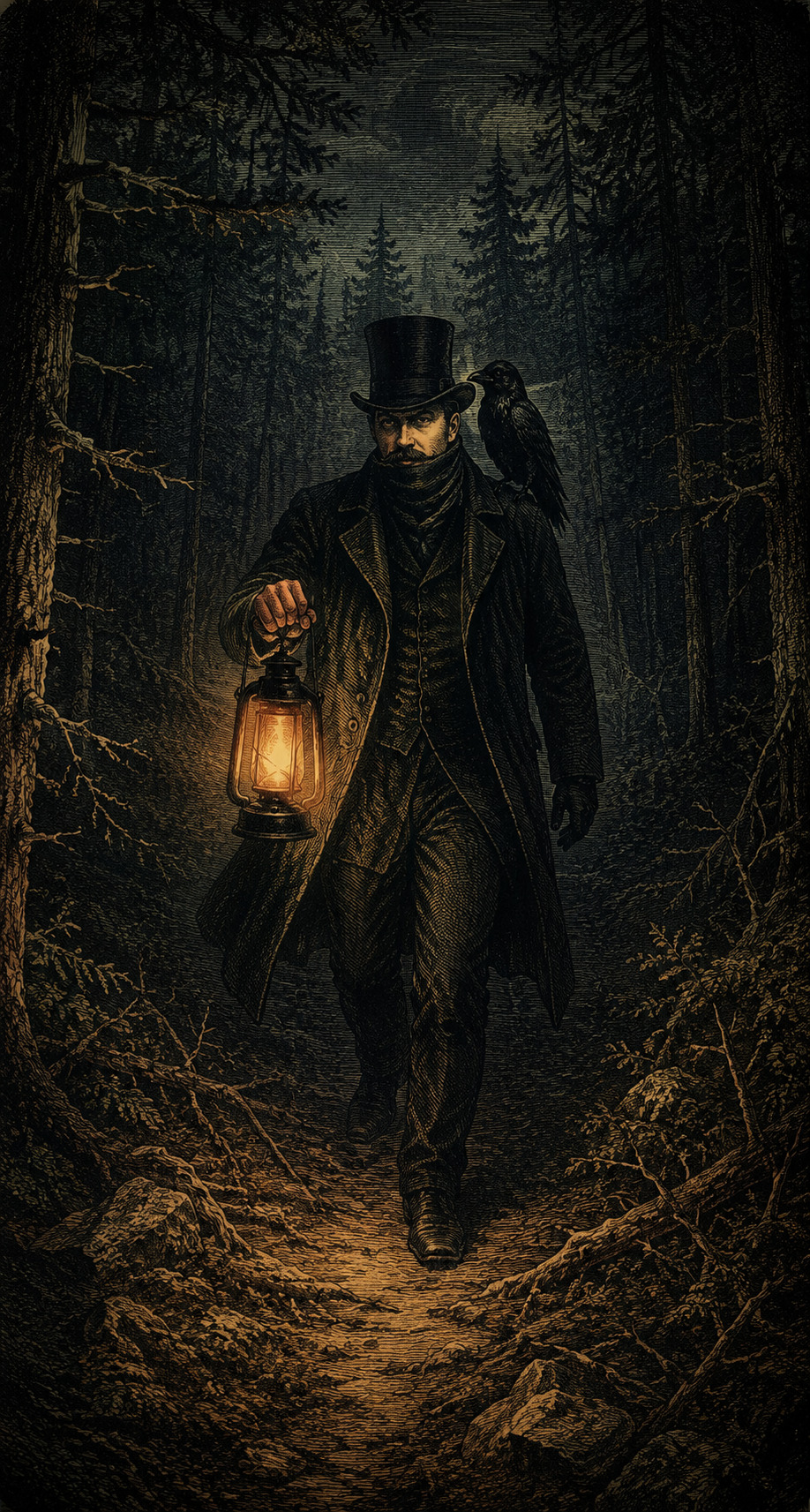 Buck walking through a dark Ontario forest with his crow and lantern, searching the path ahead