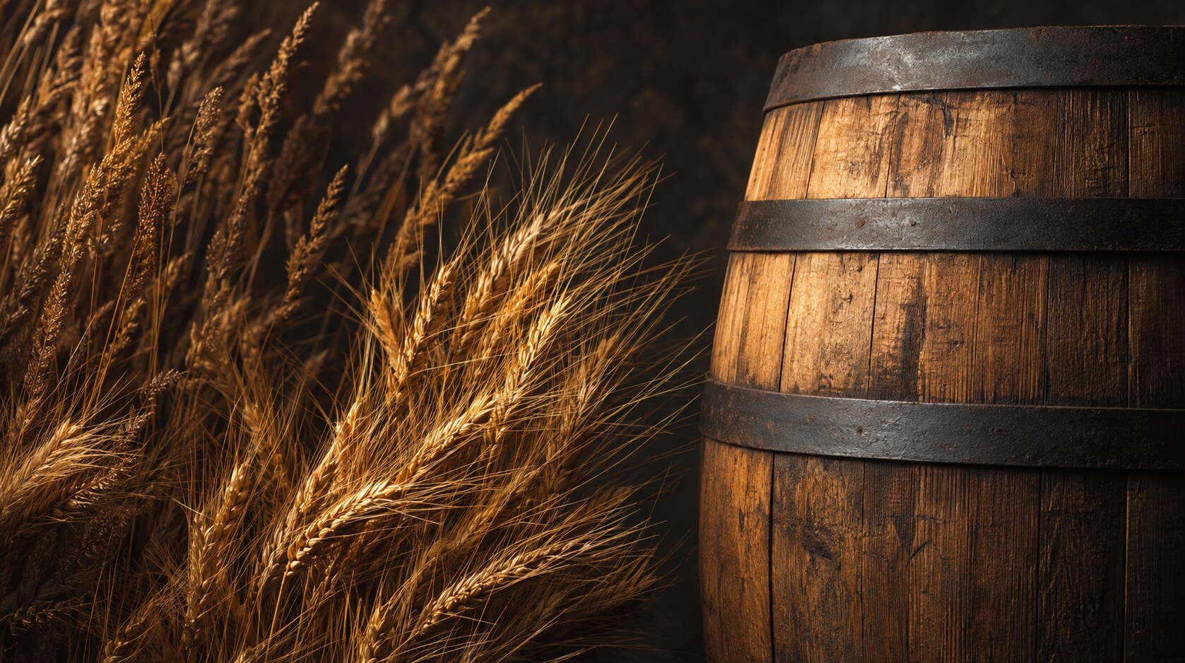 Golden Ontario grain beside weathered oak whisky barrels