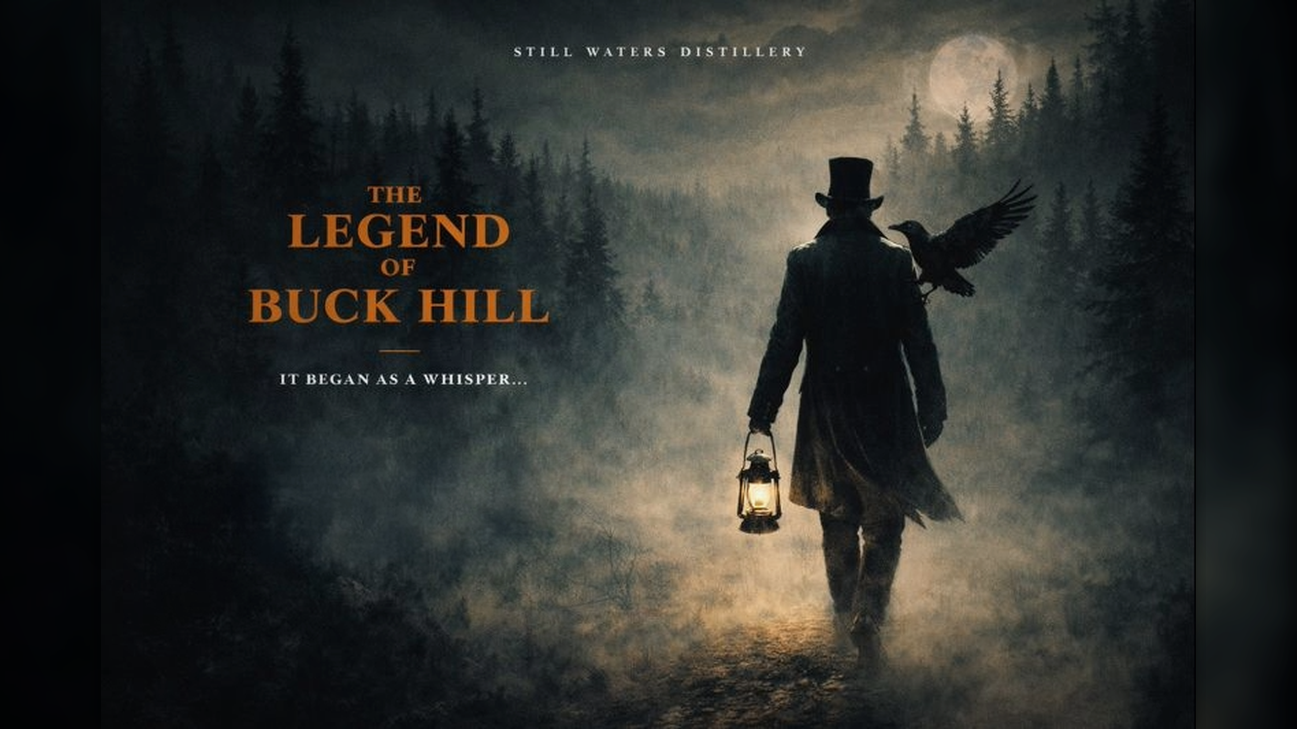 The Legend of Buck Hill artwork showing Buck walking through a misty forest with his lantern and crow